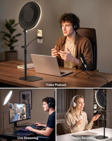 Full-Panel Ring Light with Stand and Extra-Long Flexible Phone Arm for Podcast & Streaming, 10" LED Video Light for Desk, Laptop & Computer, Dimmable Light for Video Recording & Content Creation in Kuwait