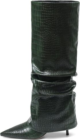 Womens Knee High Boots Fold Over Point Shark Slouchy Boot | Side Hidder Zipper, 3 inch Stiletto Heels, PU Leather & Suede — 8 Colors, Jeans to Dresses, Day to Night, Fall & Winter in Kuwait