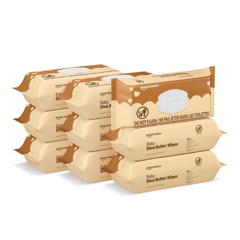 Amazon Basics Shea Butter Baby Wipes, Hypoallergenic, with Vitamin E and Aloe, 6.75 x 7.5 Inch, 810 Count (9 Packs of 90 Wipes Each) in Kuwait