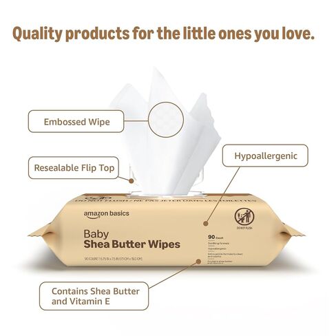 Amazon Basics Shea Butter Baby Wipes, Hypoallergenic, with Vitamin E and Aloe, 6.75 x 7.5 Inch, 810 Count (9 Packs of 90 Wipes Each) in Kuwait