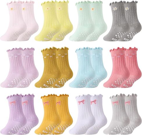 12 Pairs Girls Toddlers Grip Socks, Cute Ruffle Non Slip Socks with Bow Heart Flower Breathable Cotton Crew Sock for Uniform School Dress in Kuwait