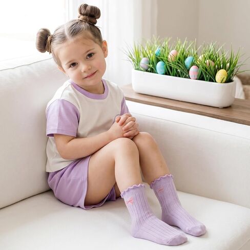 12 Pairs Girls Toddlers Grip Socks, Cute Ruffle Non Slip Socks with Bow Heart Flower Breathable Cotton Crew Sock for Uniform School Dress in Kuwait