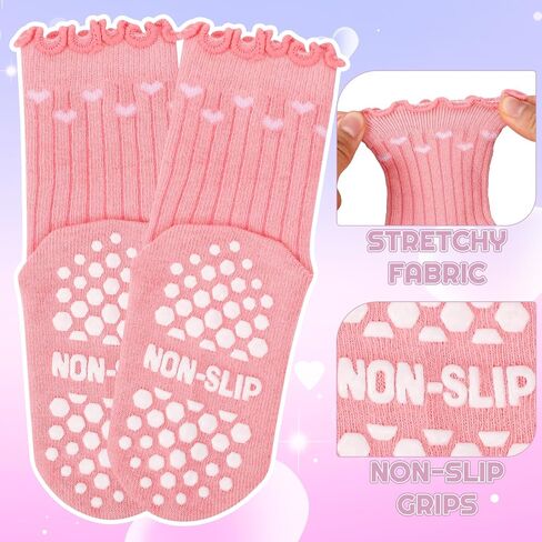 12 Pairs Girls Toddlers Grip Socks, Cute Ruffle Non Slip Socks with Bow Heart Flower Breathable Cotton Crew Sock for Uniform School Dress in Kuwait