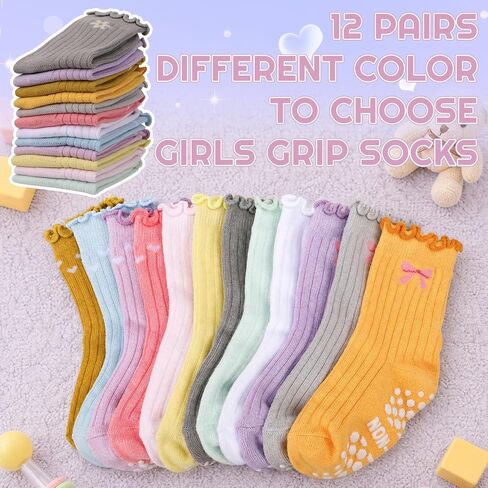 12 Pairs Girls Toddlers Grip Socks, Cute Ruffle Non Slip Socks with Bow Heart Flower Breathable Cotton Crew Sock for Uniform School Dress in Kuwait