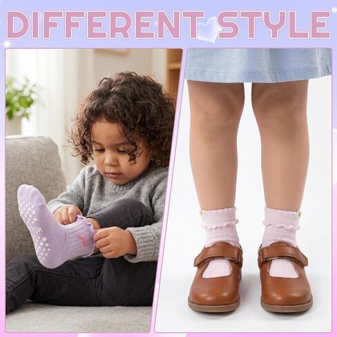 12 Pairs Girls Toddlers Grip Socks, Cute Ruffle Non Slip Socks with Bow Heart Flower Breathable Cotton Crew Sock for Uniform School Dress in Kuwait
