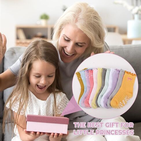 12 Pairs Girls Toddlers Grip Socks, Cute Ruffle Non Slip Socks with Bow Heart Flower Breathable Cotton Crew Sock for Uniform School Dress in Kuwait