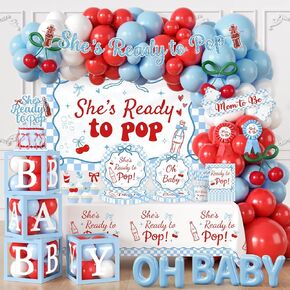Shes Ready to Pop Baby Shower Decorations Boy All-in-1 Soda Pop Baby Shower Decorations with Balloon Arch Baby Boxes Plates Napkins Cake Toppers Tablecloth Backdrop Banner for Gender Reveal Party in Saudi Arabia
