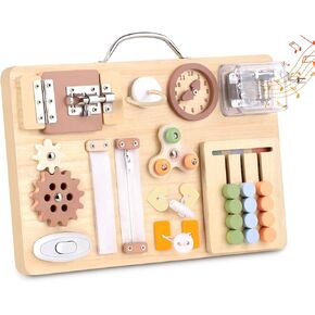 Hoarosall Montessori Busy Board for Toddlers 16-in-1 Wooden Sensory Activity Board with Music Box Fine Motor Skills Learning Toy Preschool Educational Travel Gift for Boys Girls Ages 1-3 in Kuwait