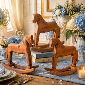 3 Pcs Vintage Wooden Rocking Horse Table Centerpiece, Blue Green Tartan Plaids Baby Shower Decor, Farmhouse Solid Wood Ornaments for Wedding Birthday Nursery Home Decor & Housewarming Gift in Kuwait