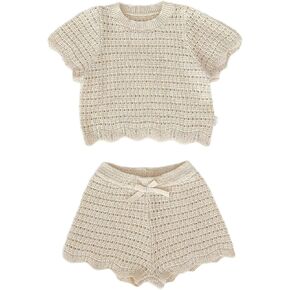 HOOLCHEAN Baby Little Girls Summer Knit 2 Piece Outfit, Toddler Short Sleeve Crochet Top and Shorts Set in Kuwait