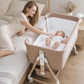Baby Bassinet, 3 in 1 Bedside Bassinets for Baby, 6 Height Adjustable Bassinet Bedside Sleeper with Mattress, Breathable Mesh, Lockable Univesal Wheels, Storage Basket, Easy to Assemble（Khaki） in Kuwait