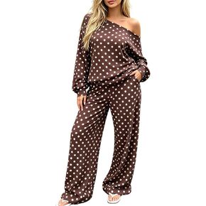 Two Piece Sets for Women Polka Dot Lounge Set | Polka Dot Long Sleeve Top Elastic Waist Pants Set,Weekend Casual Outfits in Kuwait