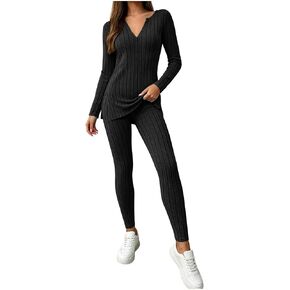 Two Piece Sets for Women V Neck Lounge Set | V Neck Slit Long Sleeve Top Elastic Waist Pants Set,Daily Casual Outfits in Kuwait