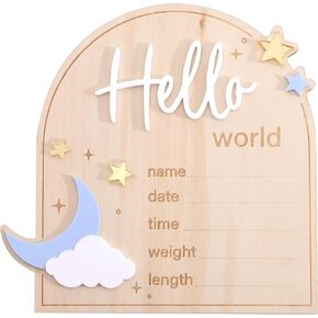 Moon And Stars Hello World Birth Announcement Sign - Wooden Hello World Newborn Decoration, With Star Moon Cloud Design, Birth Stats Keepsake Sign, Newborn Birth Announcement Board in Saudi Arabia