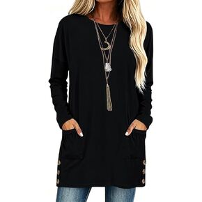 Poetsky Womens Tunic Tops for Leggings with Pockets Side Buttons Batwing Long Sleeve Casual Long Tee Shrits Fall Clothes in Saudi Arabia