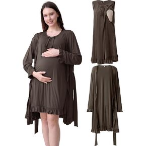 Ruffle Maternity Nursing Gown & Robe Set for Hospital Loungewear | 2-Piece Sleeveless Nursing Nightgown & Robe for Labor & Delivery, Breastfeeding & First Baby Photos in Kuwait