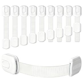 10 Pack Cabinet Locks Baby Proofing - Easy Install with Strong Self - Adhesive Tape & Adjustable Straps - Multi-Purpose Child Locks for Cabinets, Drawers, Fridge, Toilet, Oven, Trash Can - White in Kuwait