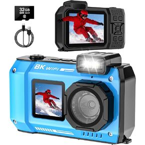 UHD 8K 70MP Floatable Underwater Camera, 33FT WiFi Waterproof Digital Camera Auto Focus Dual-Screen Selfie, 18X Zoom 2500mAh Battery with 32GB Card for Snorkeling in Kuwait