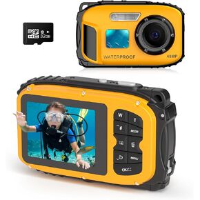 Floating Underwater Camera for Kids, Waterproof Digital Camera with 32GB Card, 48MP 4K Portable Snorkeling Camera for Pool Beach, Lightweight Rechargeable Floating Action Camera, Yellow in Kuwait