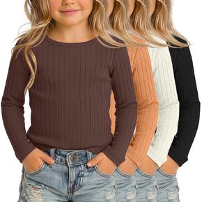 4 Pack Toddler Girls Long Sleeve Shirts Ribbed Boat Neck Casual Tops Regular Fit Solid Basic Soft Kids Tees in Kuwait