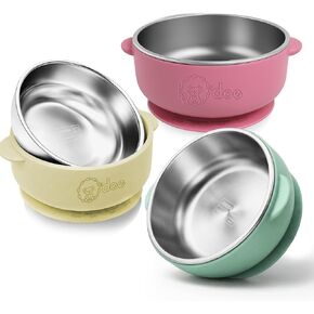 o'doe™ Suction Bowls for Baby - Non-Toxic Stainless Steel Baby Bowls 5" with Non-Slip Removable Silicone Shell - BPA-Free Toddler Bowls (Green + Rose + Beige) in Saudi Arabia
