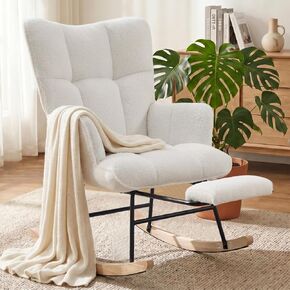 Nursing Rocking Chair, Teddy Fleece Upholstered Glider Rocker with Adjustable Footrest, High Back Rocking Reading Chair with Side Pocket, Cozy Accent Armchair for Living Room Bedroom (White) in Kuwait