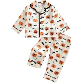 Biayxms Baby Boy Girl Halloween Silk Pajamas Set Button Down Pumpkin Ghost Long Sleeve Shirts Tops and Pants Satin Pj Sets in Saudi Arabia