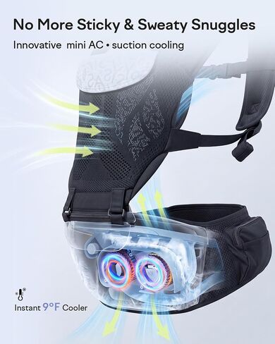 Grownsy Innovative Cooling Baby Carrier with Quiet Built-in Fan, Black | Safety Certified, 360 Ventilated Airflow, All-Day Breathable Cool Comfort, Ideal For Summer, Fits 7-50lbs Newborn To Toddler in Kuwait