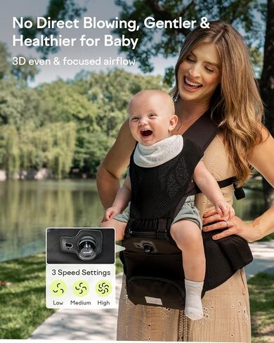 Grownsy Innovative Cooling Baby Carrier with Quiet Built-in Fan, Black | Safety Certified, 360 Ventilated Airflow, All-Day Breathable Cool Comfort, Ideal For Summer, Fits 7-50lbs Newborn To Toddler in Kuwait