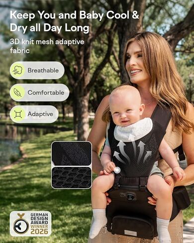 Grownsy Innovative Cooling Baby Carrier with Quiet Built-in Fan, Black | Safety Certified, 360 Ventilated Airflow, All-Day Breathable Cool Comfort, Ideal For Summer, Fits 7-50lbs Newborn To Toddler in Kuwait