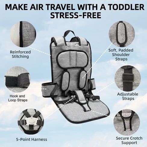 Portable Airplane Baby Seat, Infant and Toddler Travel Harness, Gray | Lap Child Safety Restraint for Flights Hands-Free Lap Comfort Secure 5-Point Safety System Airplane & Train Companion in Kuwait