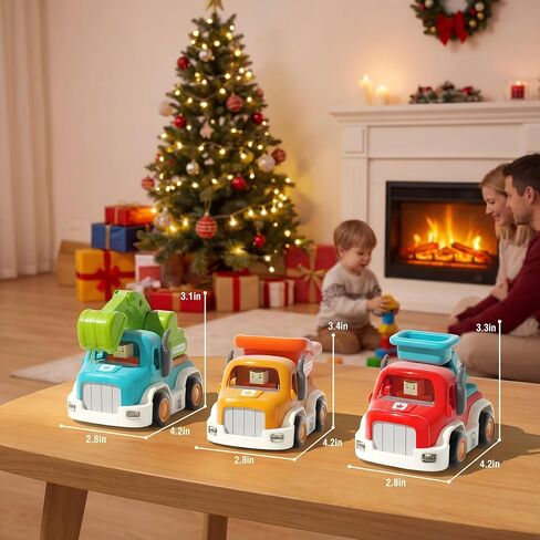 Toy Cars for Toddlers 1-3, Friction Powered, Light & Sound Toddler Car Toys with Mini Trucks (Excavator, Dumper, Fire), Early Educational Gift for Boys Girls (3 Pack) in Kuwait