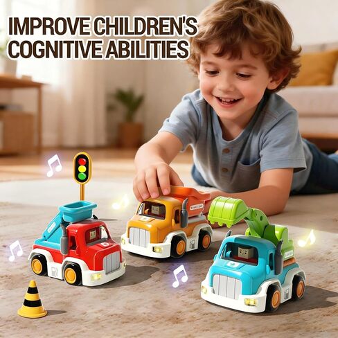 Toy Cars for Toddlers 1-3, Friction Powered, Light & Sound Toddler Car Toys with Mini Trucks (Excavator, Dumper, Fire), Early Educational Gift for Boys Girls (3 Pack) in Kuwait