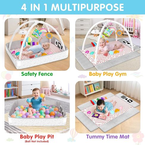 Baby Play Gym Mat Tummy Time Mat with 5 Detachable Items Baby Essentials | Babies Activity Center, Newborn Infant Boy Girl Gifts, Babies 0-3-6-9-12 Months, Newborn Essentials Must Haves in Kuwait