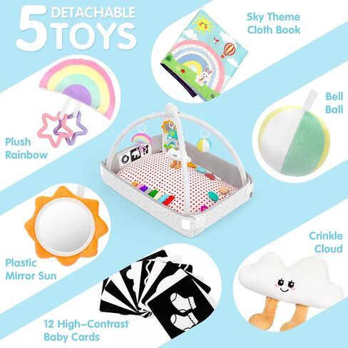 Baby Play Gym Mat Tummy Time Mat with 5 Detachable Items Baby Essentials | Babies Activity Center, Newborn Infant Boy Girl Gifts, Babies 0-3-6-9-12 Months, Newborn Essentials Must Haves in Kuwait