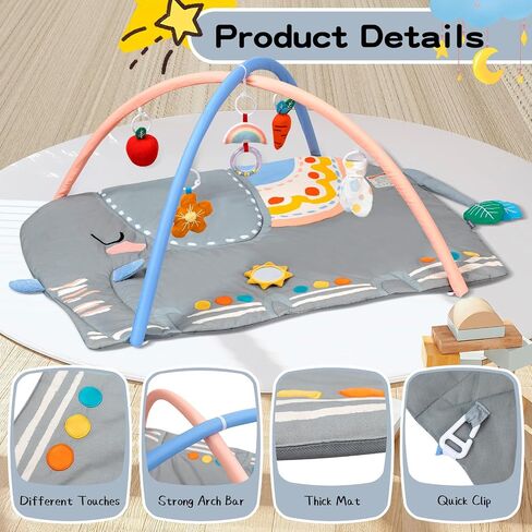 Baby Play Gym Tummy Time Mat, Oversize Elephant Activity Mat with 6 Detachable Toys, Promote Motor Skills & Sensory Development Mat, Newborn Infant Baby Essentials Gift in Kuwait