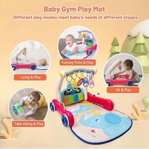 Baby Gym Play Mat & Baby Walker, Baby Activity Center with Music and Light, Tummy Time Mat, Push Toys for Toddler, Detachable Play Piano and Rattles for Newborn Babies Infants Boys Girls in Kuwait