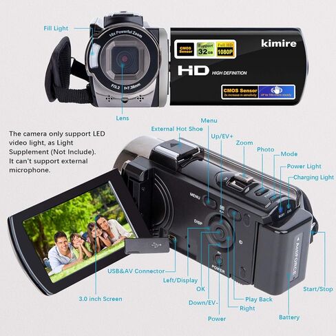 kimire Video Camera Camcorder Digital Camera Recorder Full HD 1080P 15FPS 24MP 3.0 Inch 270 Degree Rotation LCD 16X Digital Zoom Camcorder Camera with 2 Batteries(Black) in Kuwait