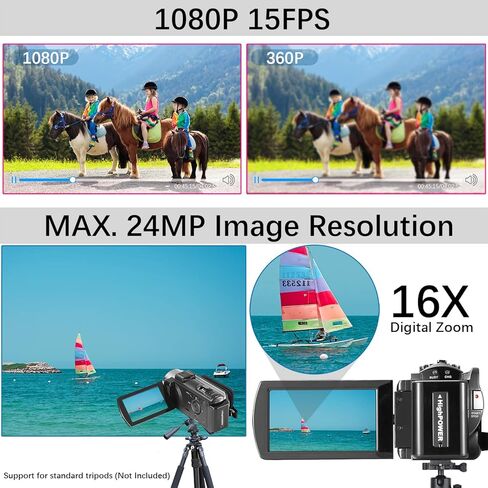kimire Video Camera Camcorder Digital Camera Recorder Full HD 1080P 15FPS 24MP 3.0 Inch 270 Degree Rotation LCD 16X Digital Zoom Camcorder Camera with 2 Batteries(Black) in Kuwait