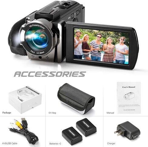 kimire Video Camera Camcorder Digital Camera Recorder Full HD 1080P 15FPS 24MP 3.0 Inch 270 Degree Rotation LCD 16X Digital Zoom Camcorder Camera with 2 Batteries(Black) in Kuwait