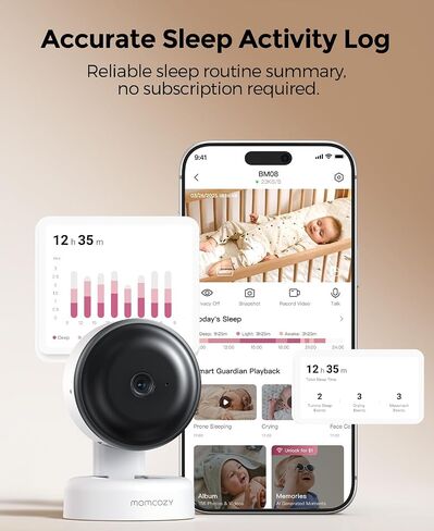 Momcozy Smart Baby Monitor, 2K HD & Night Vision Contact-Free Baby Monitor | Sleep Summary, Electric Safe Fence, Cry/Motion Detection & Auto Soothing, 2.4/5GHz WiFi, 2-Way Audio, No Subscription, BM08 in Kuwait