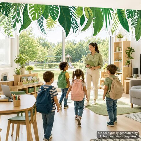 6PCS School Classroom Curtains Green Leaf Curtain Back to School Green Leaf Window Cover Greenery Classroom Decor Plant Valance Curtains Drapes for Window Daycare Primary Playroom Bedroom Decor in Kuwait