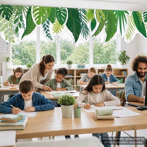 6PCS School Classroom Curtains Green Leaf Curtain Back to School Green Leaf Window Cover Greenery Classroom Decor Plant Valance Curtains Drapes for Window Daycare Primary Playroom Bedroom Decor in Kuwait