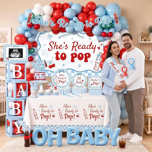 Shes Ready to Pop Baby Shower Decorations Boy All-in-1 Soda Pop Baby Shower Decorations with Balloon Arch Baby Boxes Plates Napkins Cake Toppers Tablecloth Backdrop Banner for Gender Reveal Party in Kuwait