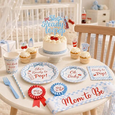 Shes Ready to Pop Baby Shower Decorations Boy All-in-1 Soda Pop Baby Shower Decorations with Balloon Arch Baby Boxes Plates Napkins Cake Toppers Tablecloth Backdrop Banner for Gender Reveal Party in Kuwait
