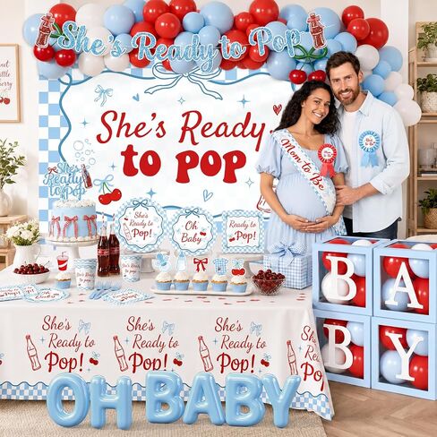 Shes Ready to Pop Baby Shower Decorations Boy All-in-1 Soda Pop Baby Shower Decorations with Balloon Arch Baby Boxes Plates Napkins Cake Toppers Tablecloth Backdrop Banner for Gender Reveal Party in Kuwait
