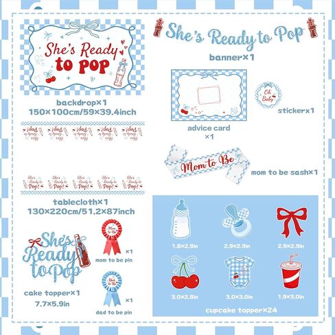 Shes Ready to Pop Baby Shower Decorations Boy All-in-1 Soda Pop Baby Shower Decorations with Balloon Arch Baby Boxes Plates Napkins Cake Toppers Tablecloth Backdrop Banner for Gender Reveal Party in Kuwait