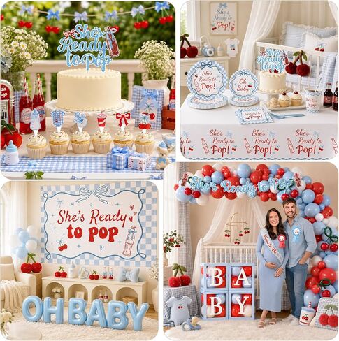 Shes Ready to Pop Baby Shower Decorations Boy All-in-1 Soda Pop Baby Shower Decorations with Balloon Arch Baby Boxes Plates Napkins Cake Toppers Tablecloth Backdrop Banner for Gender Reveal Party in Kuwait