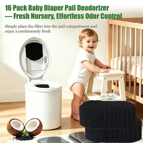 16 Pack 0.4 Inch Thick Baby Diaper Pail Deodorizer Activated Charcoal Odor Absorbing Filters Compatible with Ubbi Steel Diaper Pail Odor Eliminator for Nursery Odor Control in Kuwait
