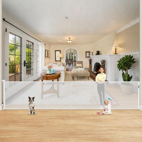 Reinforced 42" Extra Tall Retractable Baby Gate-Prevent Crawling Under, 200" Retractable Pet Gates for Wide Openings, 16ft Mesh Child Gates for Wide Openings, No Bottom Bar Indoor/Outdoor Baby gate in Kuwait
